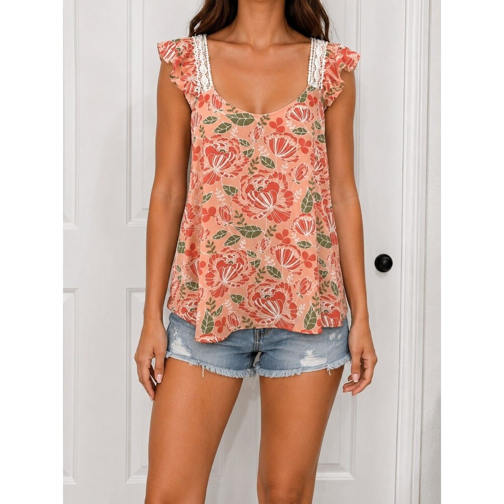 Cruel Denim Women's Peach Floral Flutter Sleeve Boho Blouse Top Size M